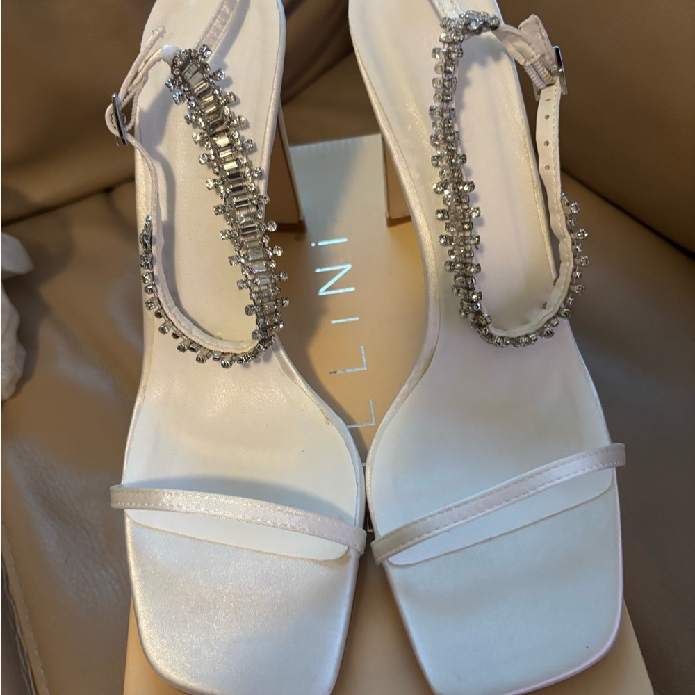 Brand New! Billini White Satin Heels with Rhinestone Accents
